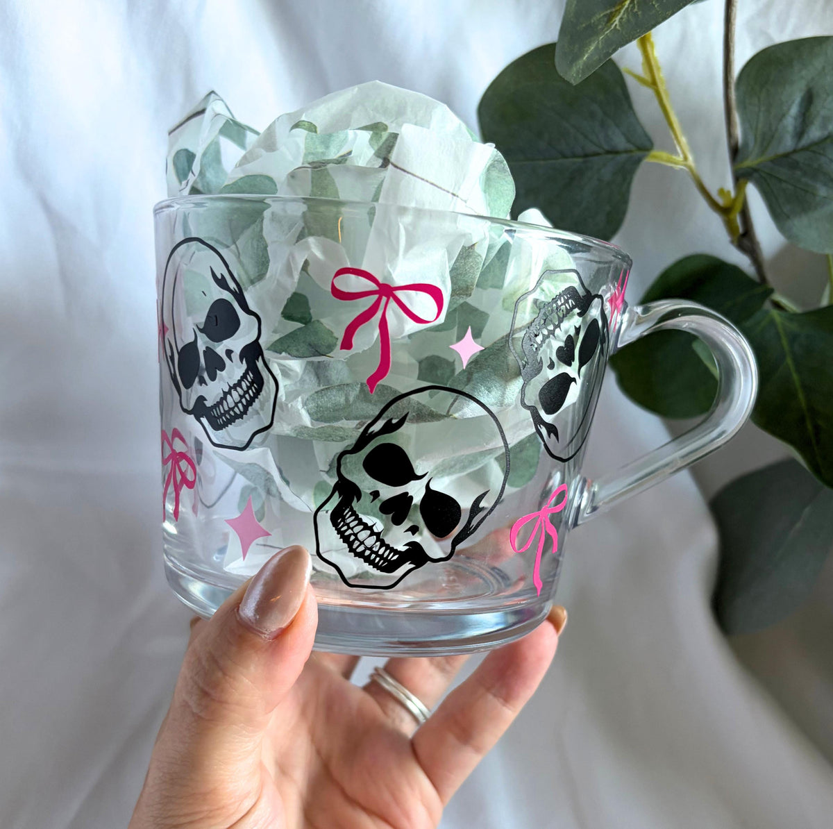 Skull Pink Bow Glass Mug