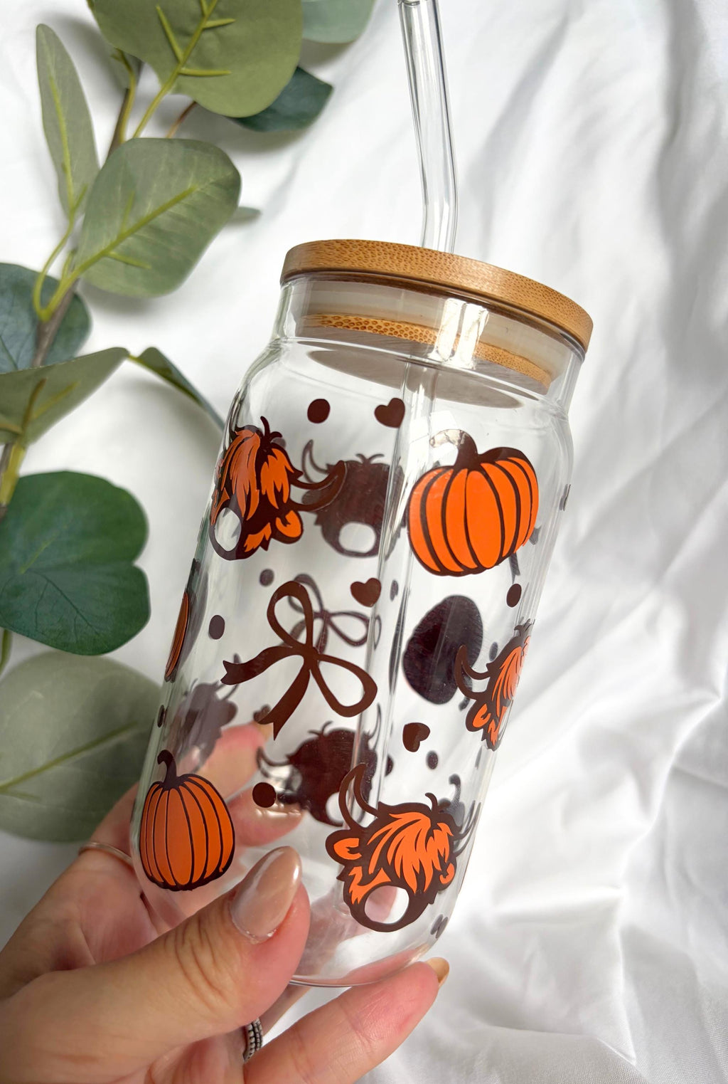 Highland Cow Pumpkin Glass Cup & Straw