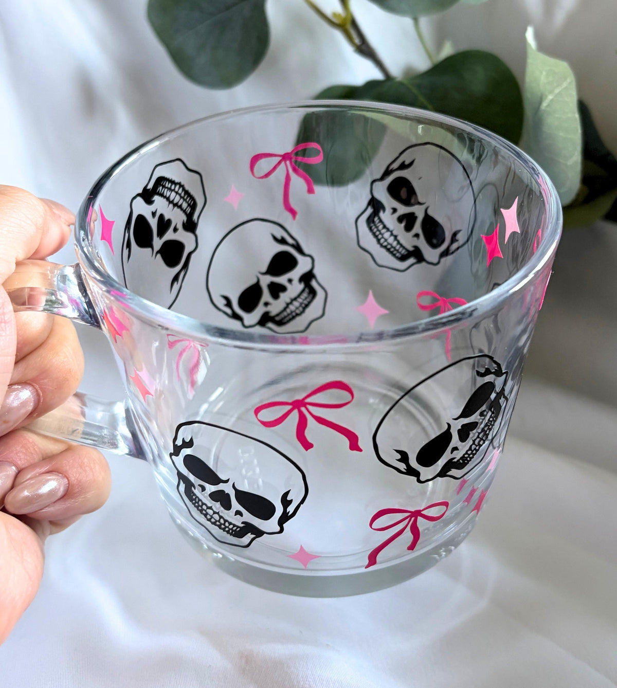 Skull Pink Bow Glass Mug