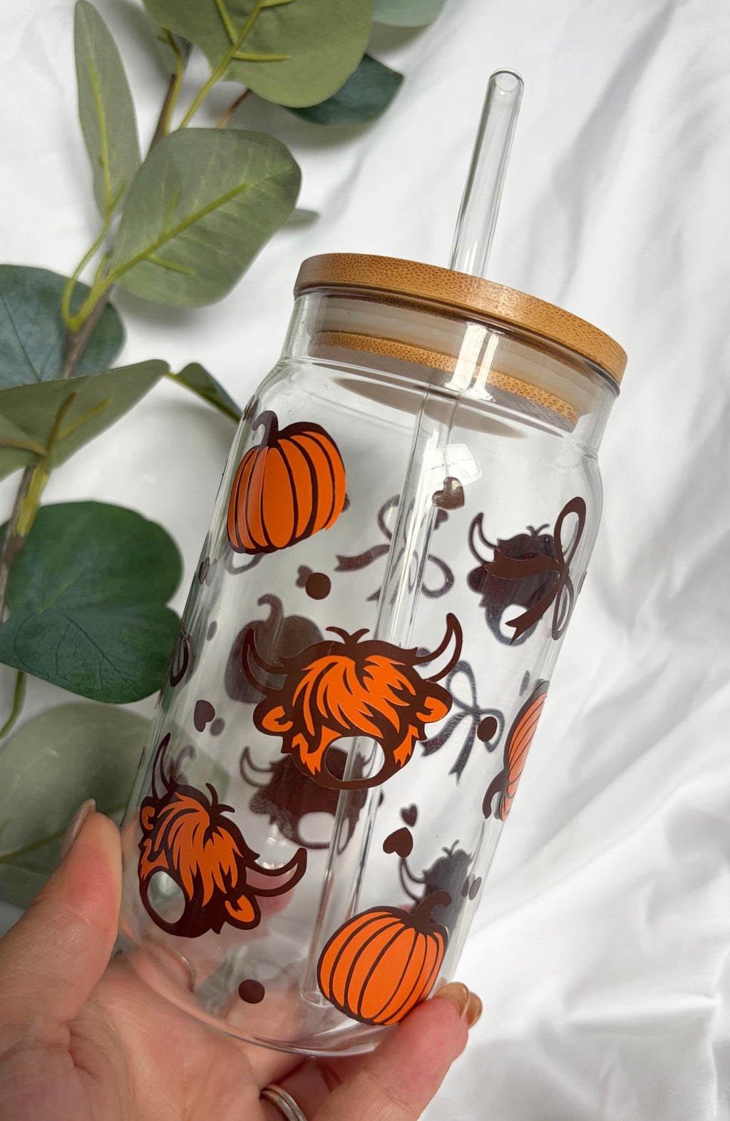 Highland Cow Pumpkin Glass Cup & Straw