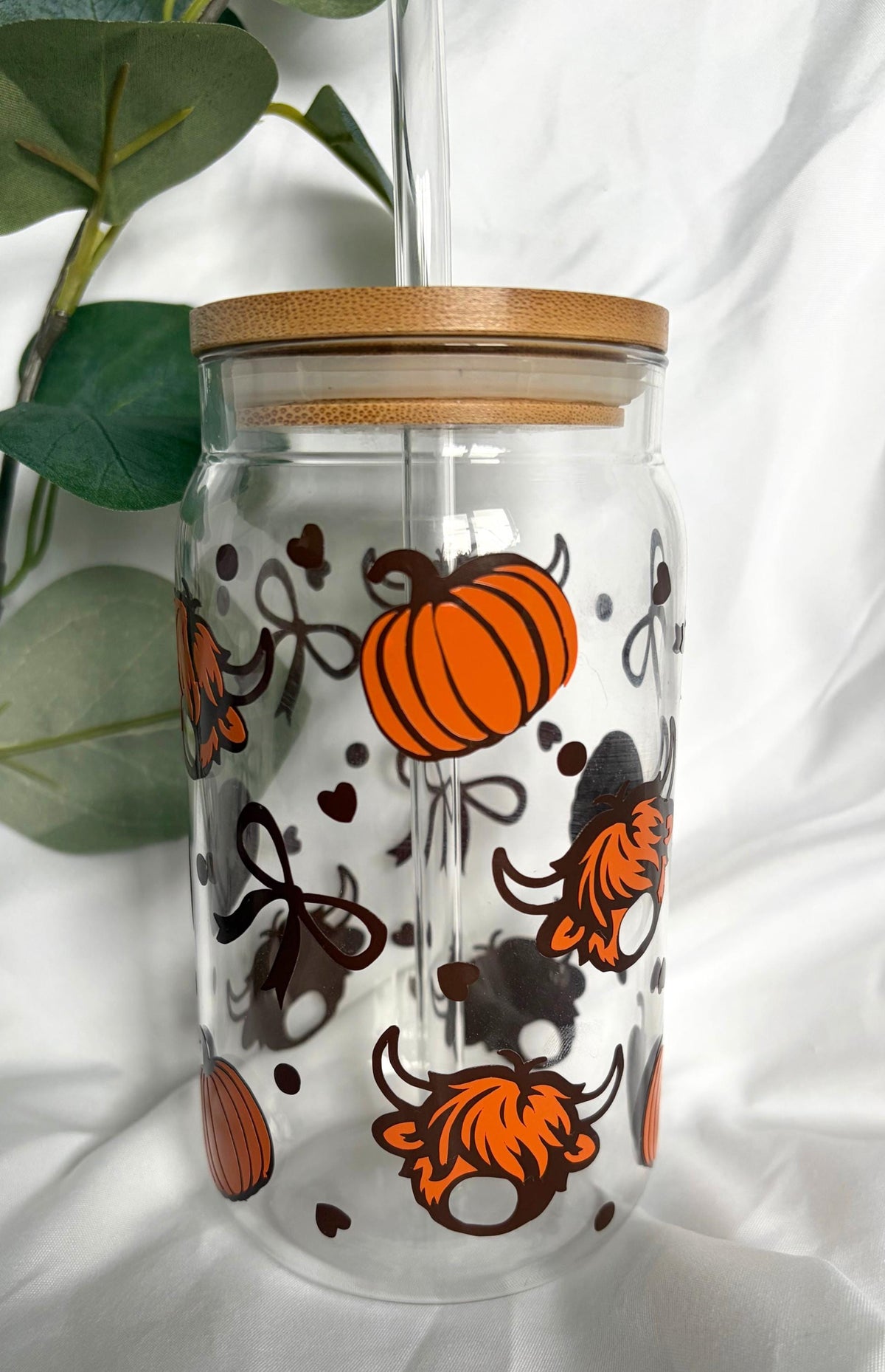 Highland Cow Pumpkin Glass Cup & Straw