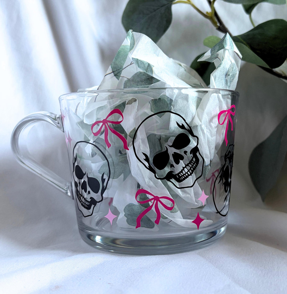 Skull Pink Bow Glass Mug