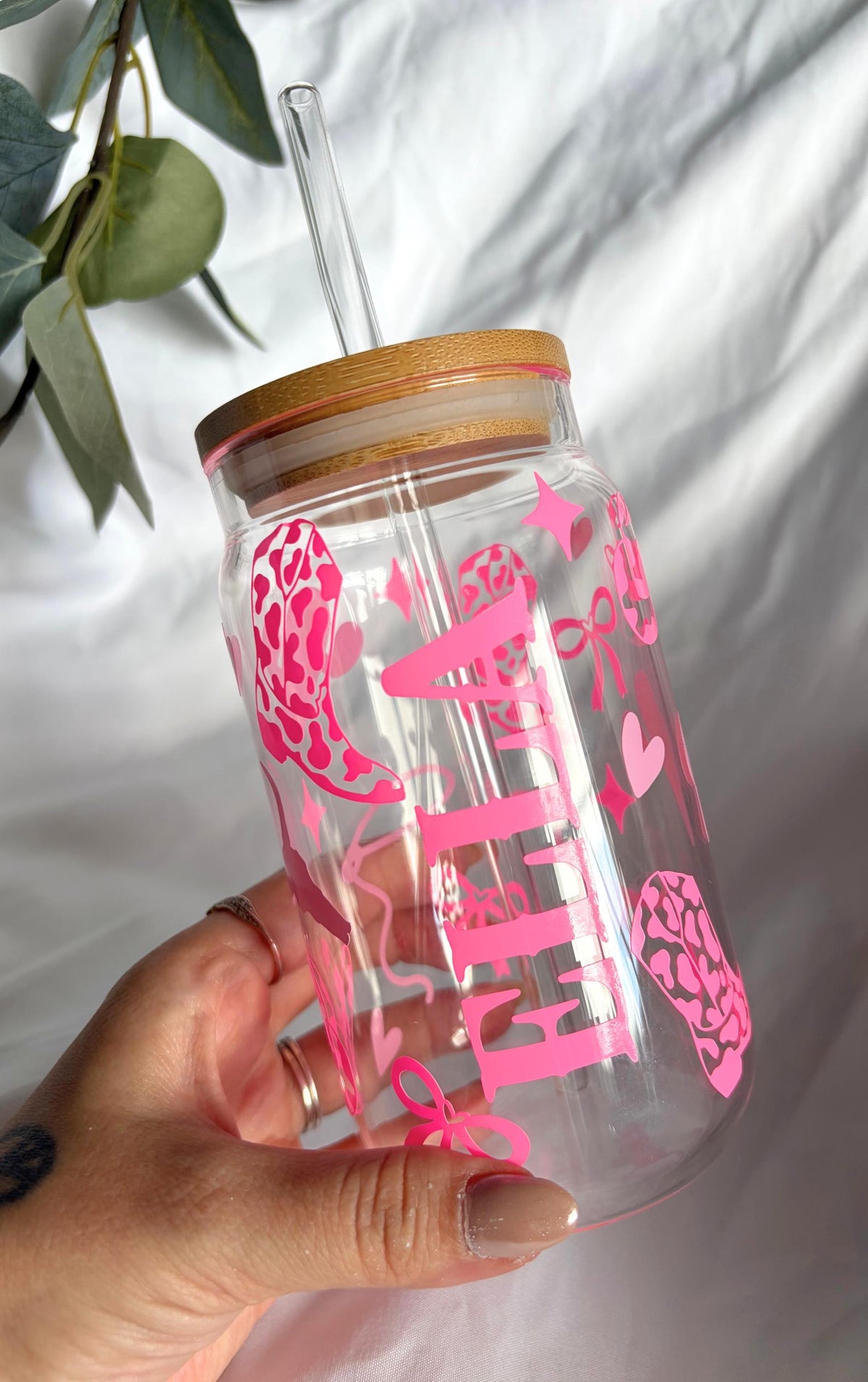 Personalised Cowboy Glass Tumbler with Straw