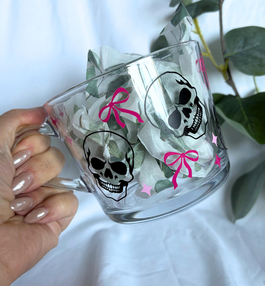 Skull Pink Bow Glass Mug
