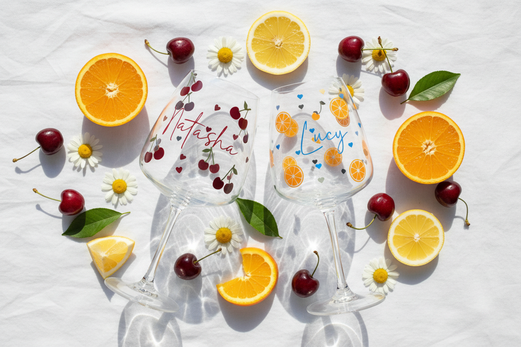 Cherry & Orange Wine Glasses - Side by Side Flat Lay