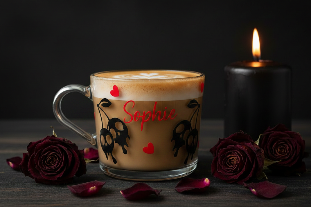 Cherry Skull Mug — Flat Lay, Light Drink