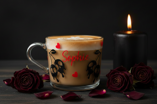Cherry Skull Mug — Flat Lay, Light Drink