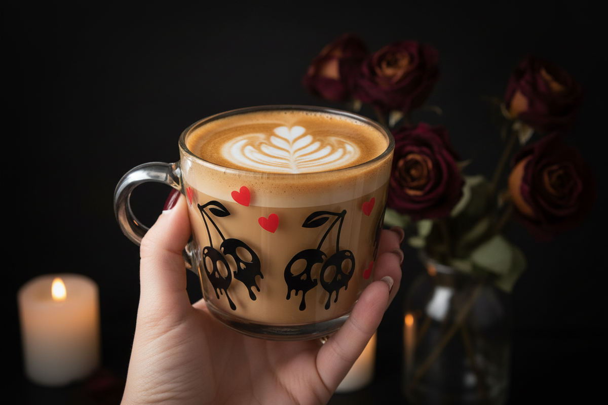 Cherry Skull Mug — Pattern Detail, Light Drink