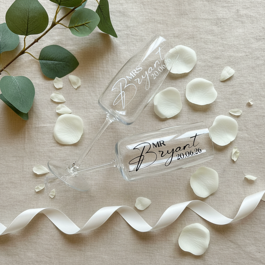 Flat Lay - Mr & Mrs Wedding Flutes