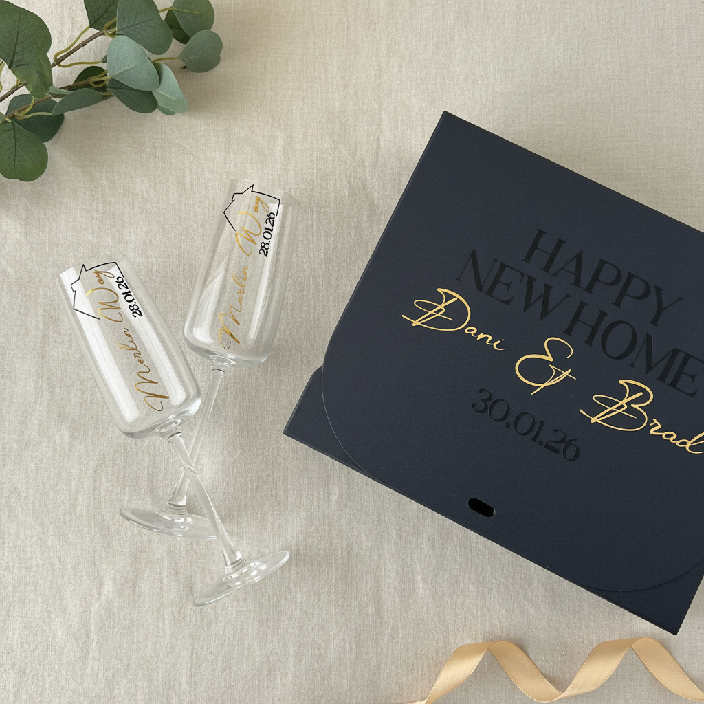 Flat Lay - New Home Glasses & Gift Box