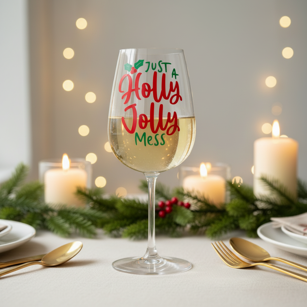 Holly Jolly Mess wine glass filled with white wine on a Christmas table
