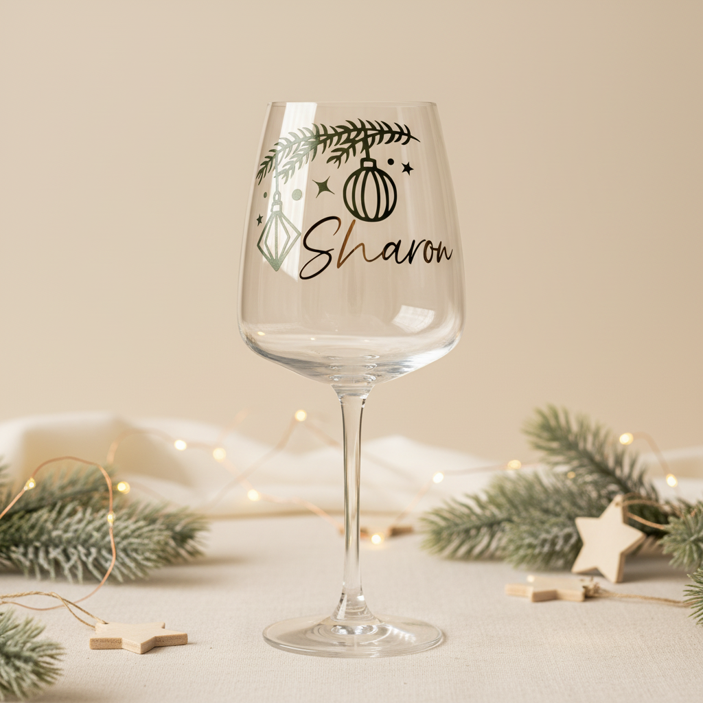 Personalised Sharon Christmas wine glass displayed with neutral festive decorations