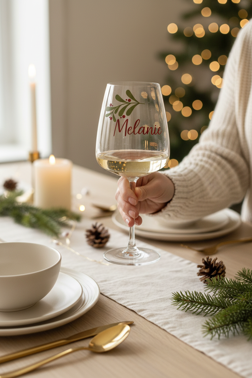 Rounded previous-listing style personalised Melanie Christmas wine glass with pale white wine in a cosy face-free Christmas setting