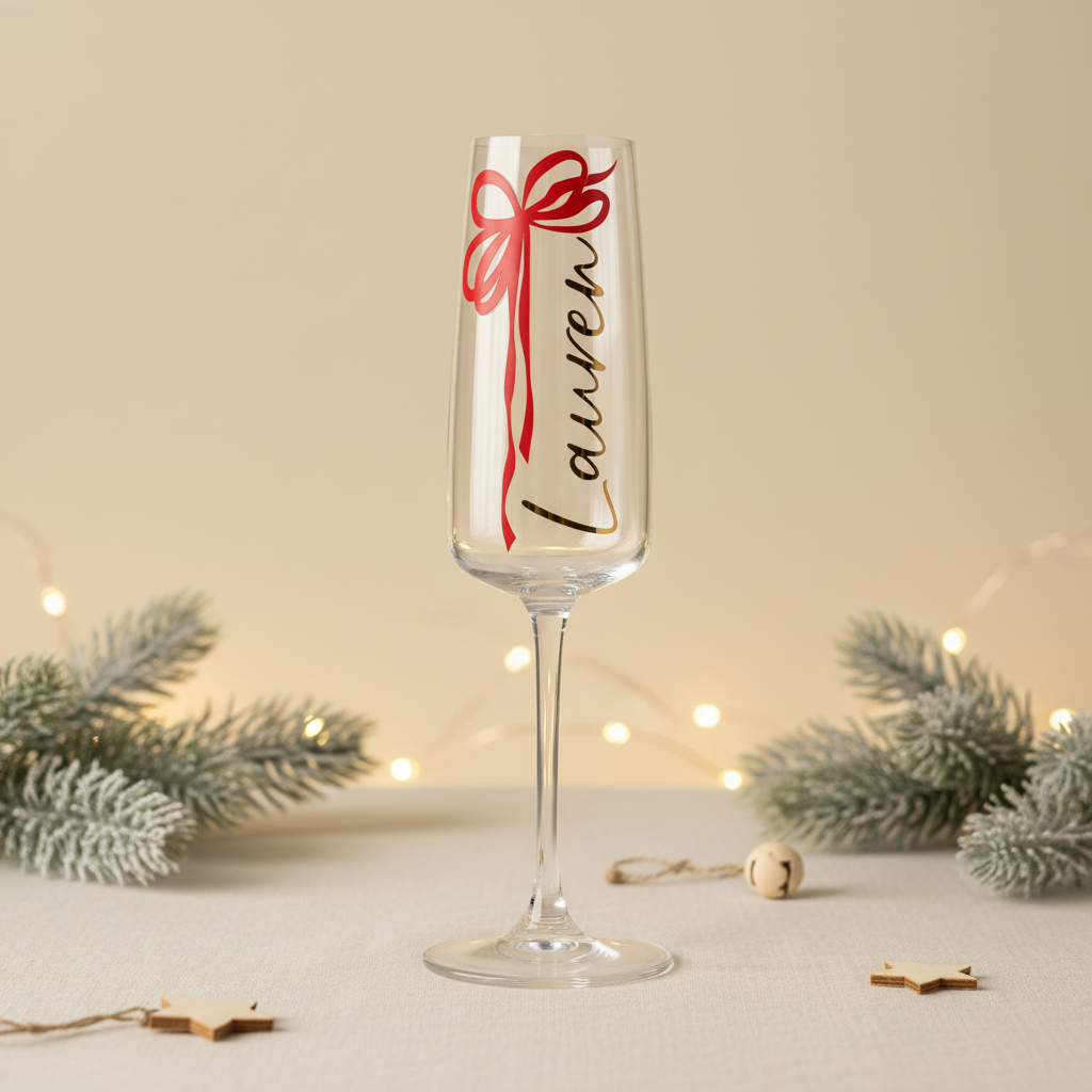 Personalised Lauren champagne flute with red Christmas bow in a neutral festive setting