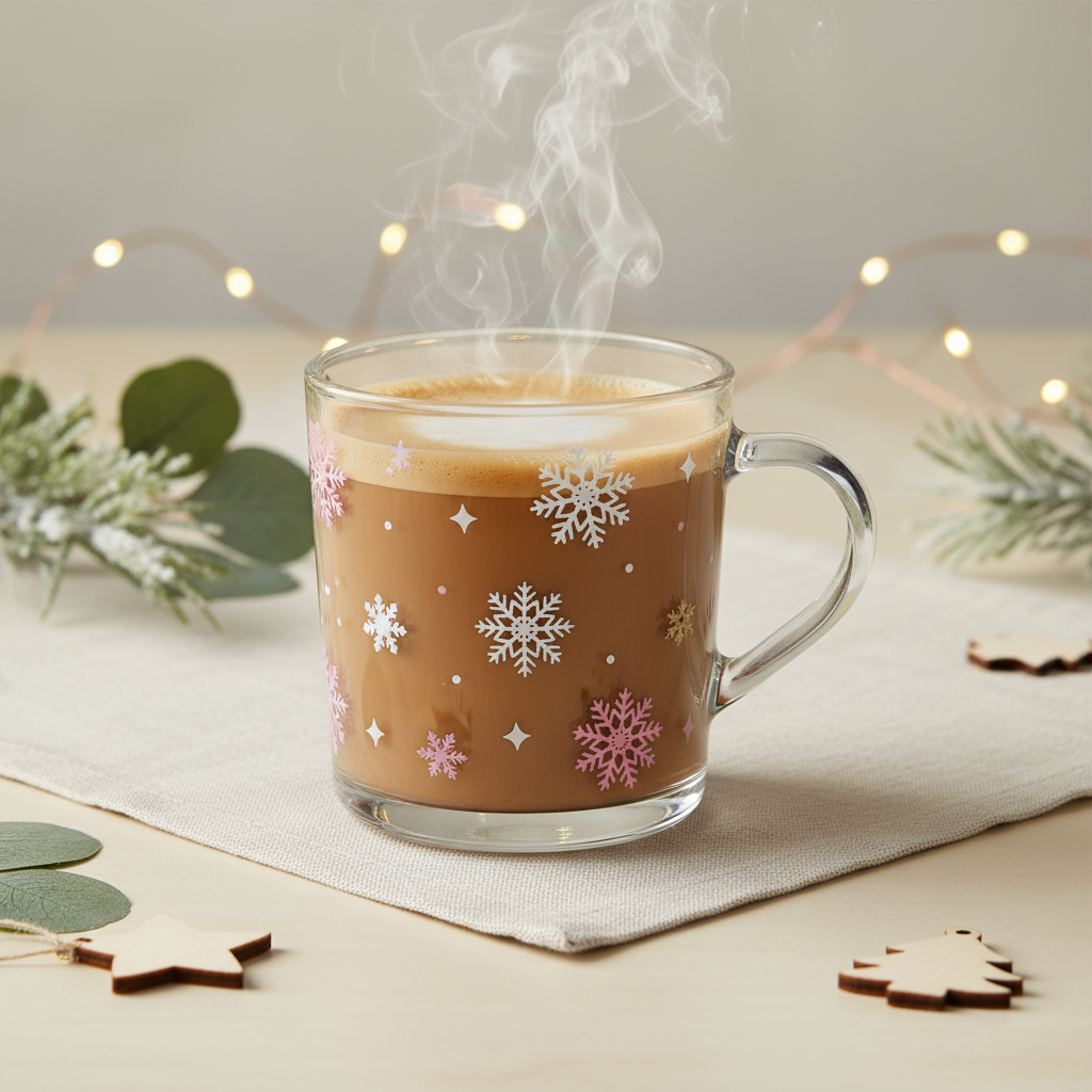 Back of a personalised Christmas glass mug filled with coffee, showing the snowflake design without the name
