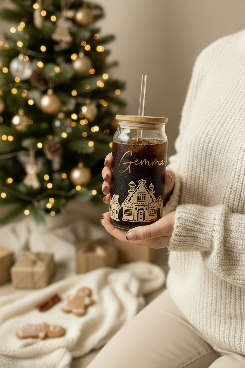 Personalised Gemma gingerbread Christmas tumbler with bright lettering and smooth cold cola in a warm Christmas lifestyle setting with no face shown