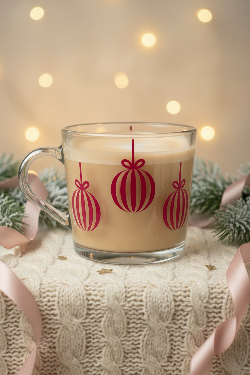 Front view of a clear Christmas bauble glass mug with a pale warm latte and deep pink and red ornament artwork