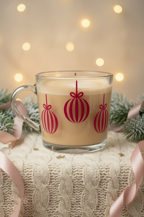 Front view of a clear Christmas bauble glass mug with a pale warm latte and deep pink and red ornament artwork