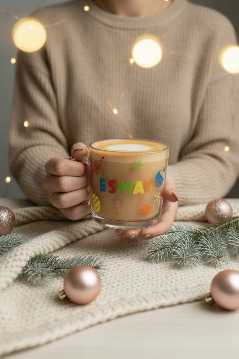 Personalised ESMAY Christmas glass mug with a light latte inside in a cosy neutral Christmas lifestyle setting with no face shown