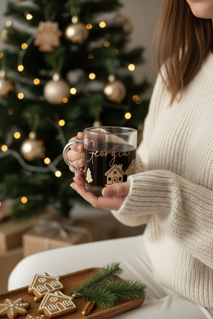 Shorter wider personalised Georgia gingerbread Christmas glass mug with black coffee beside a decorated Christmas tree, no face shown