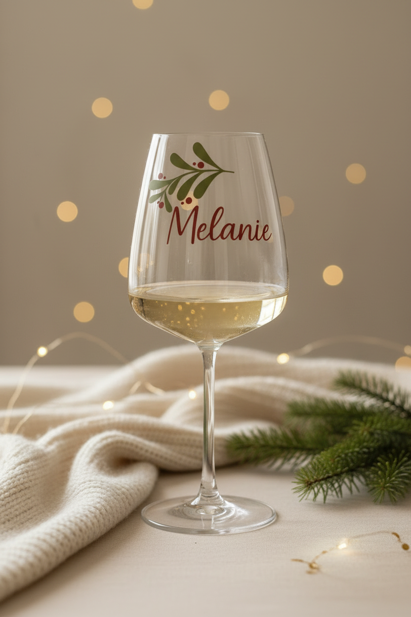 Standard front view matching the corrected rounded personalised Melanie Christmas wine glass with pale white wine and holly artwork