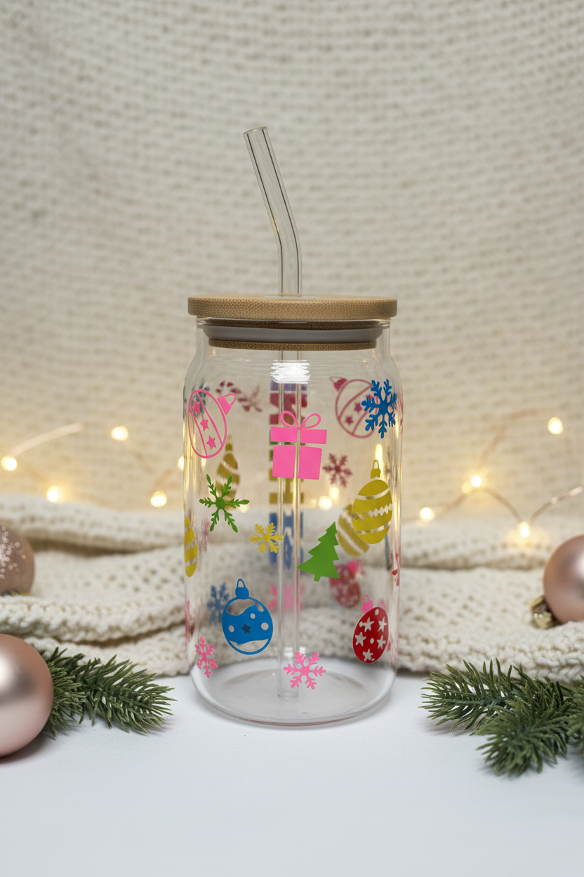 Back view of the KATHRINE Christmas tumbler with festive Christmas icon artwork in a neutral festive setting