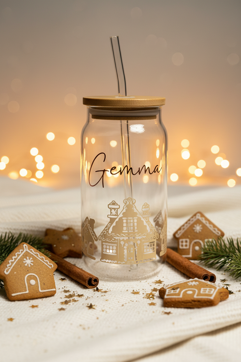 Front view of a personalised gingerbread Christmas tumbler with gold house artwork and script name in a warm neutral setting