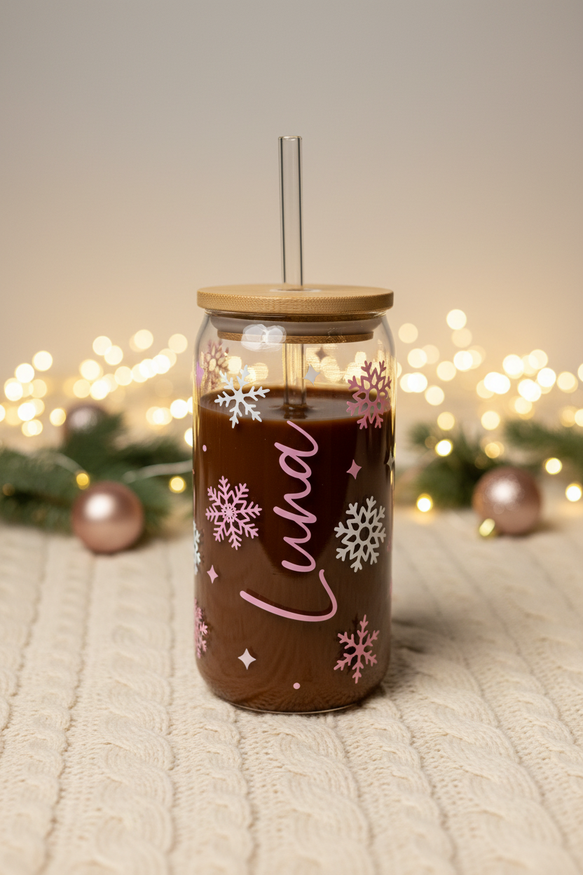 Front view of the pink and white snowflake Christmas tumbler with the Luna name running vertically up the clear centre and a dark drink inside