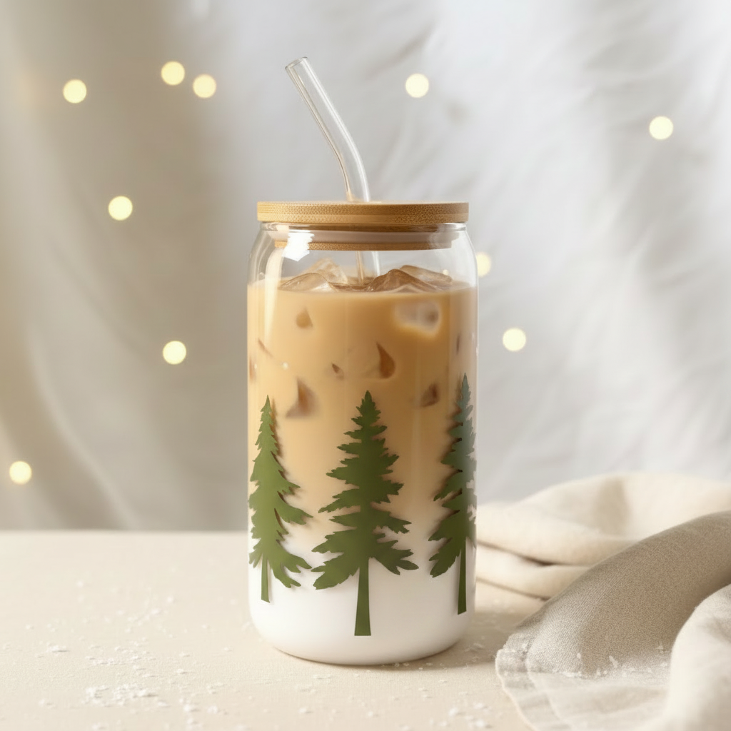 Rear view of a Christmas tumbler filled with cold coffee, showing three evergreen trees with one centred between the other two