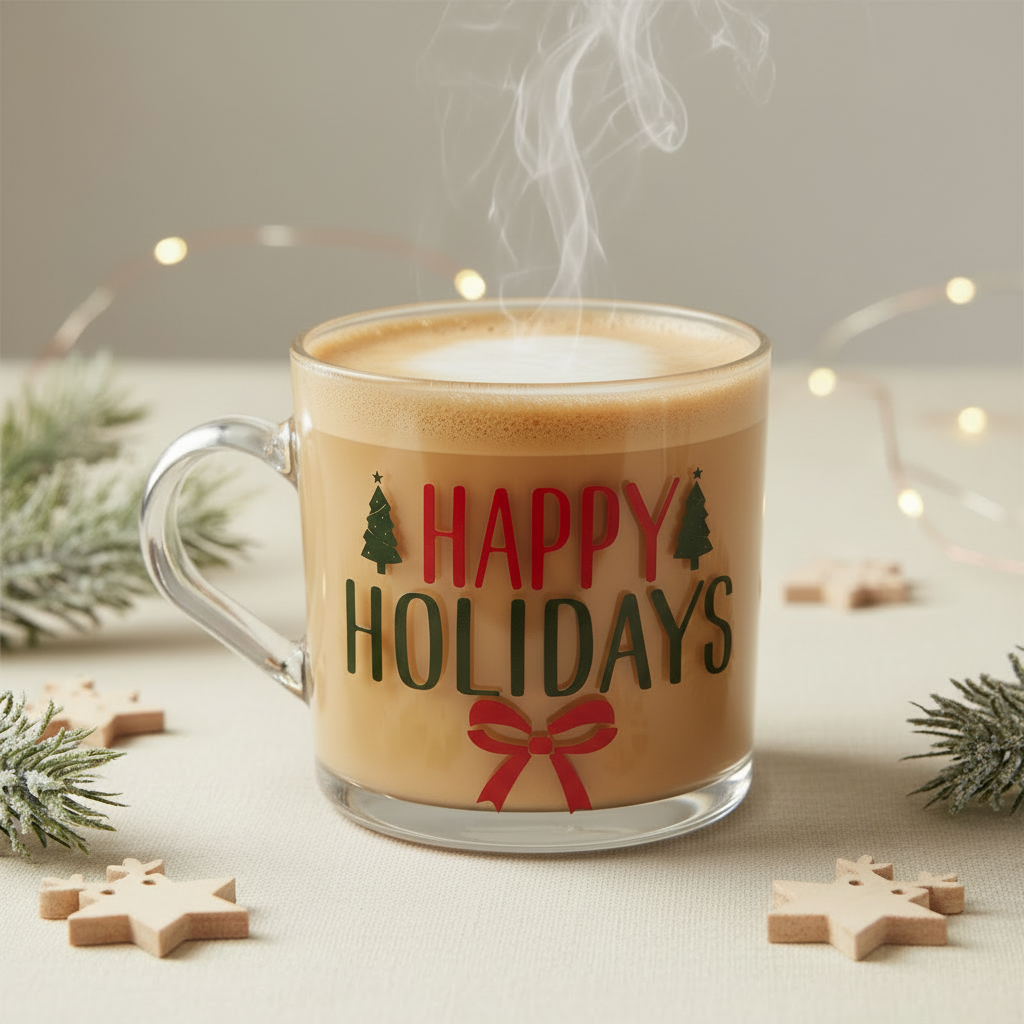 Happy Holidays Christmas glass mug filled with a light creamy latte in a neutral festive setting
