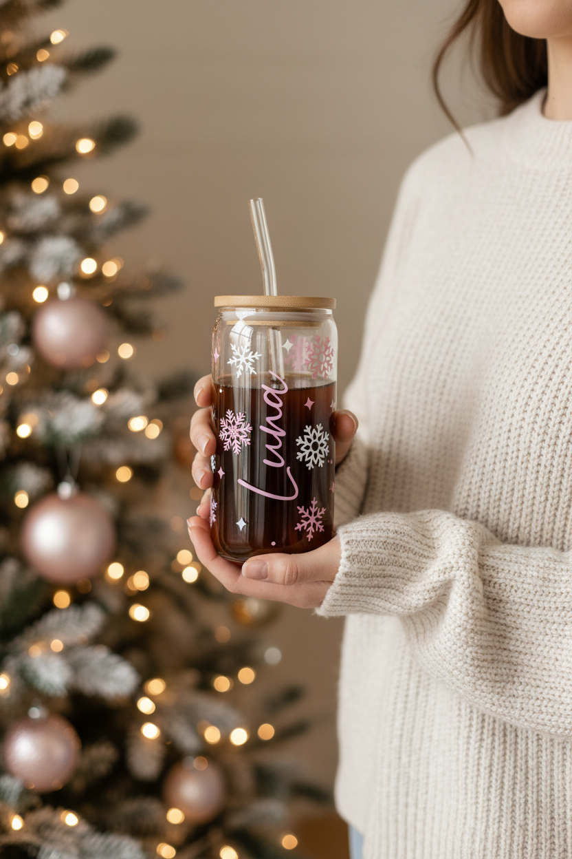 Pink and white snowflake Luna Christmas tumbler with a dark drink held beside a decorated Christmas tree with no face shown
