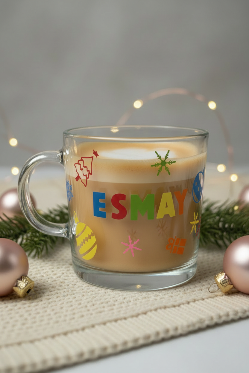 Wide front view of the personalised ESMAY Christmas glass mug with a light latte inside and the handle on the left