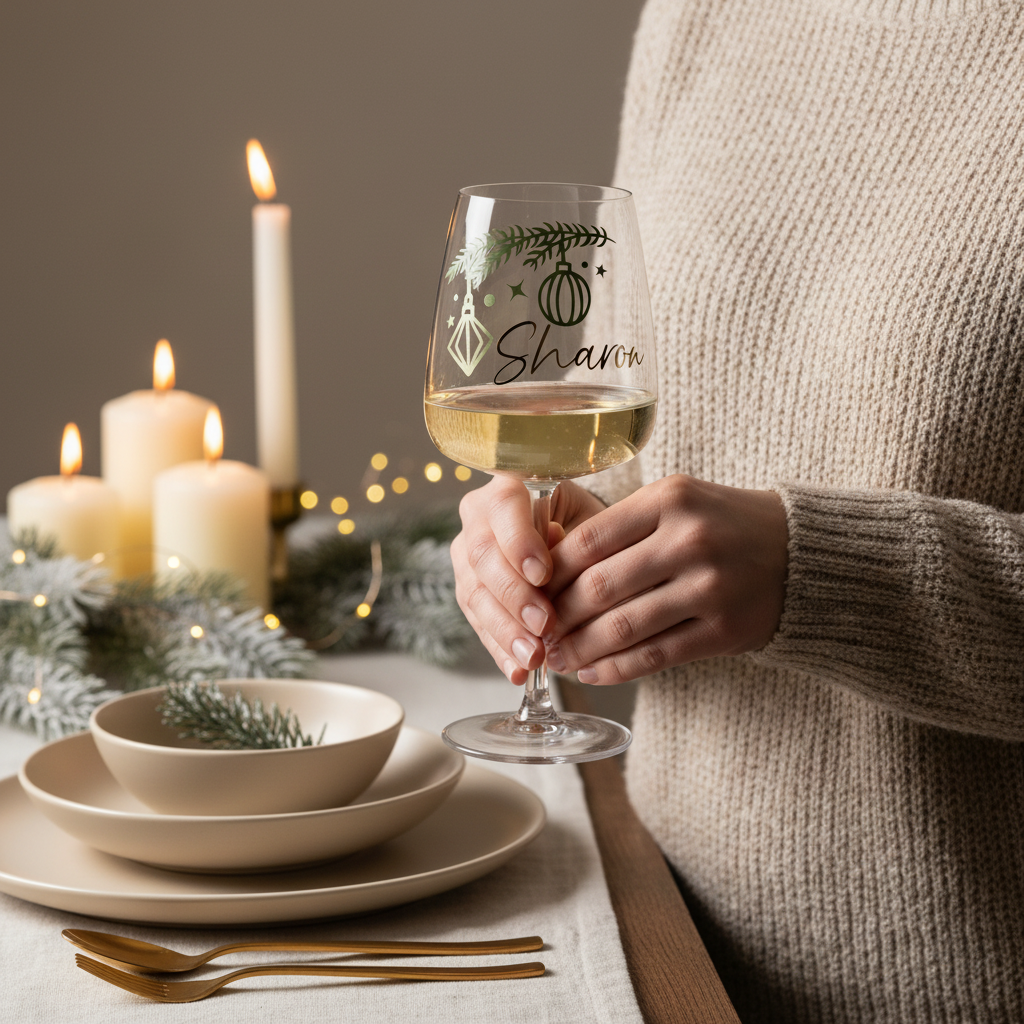 Person in a neutral knit holding a personalised Sharon wine glass at a Christmas table