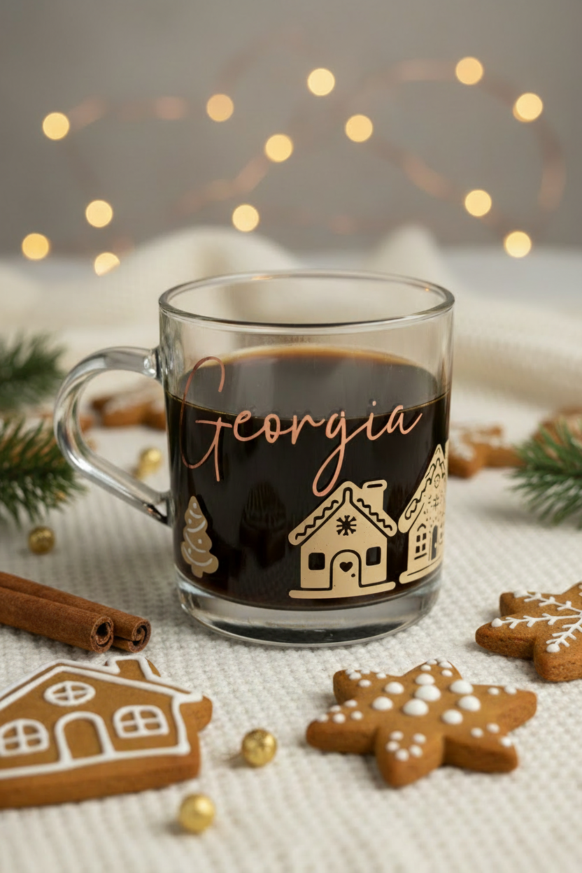 Shorter wider front view of the personalised Georgia gingerbread Christmas glass mug with black coffee and the handle on the left