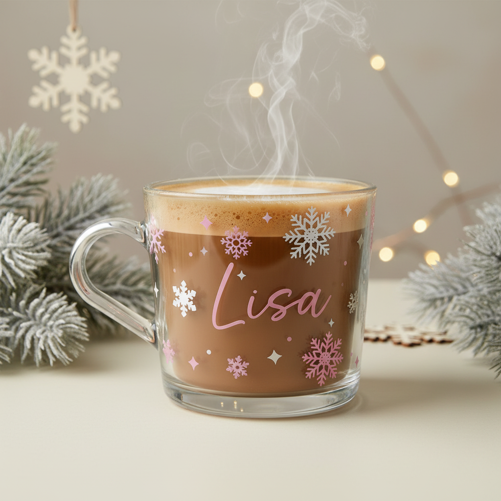 Personalised Lisa Christmas glass mug filled with coffee, with the handle on the left and readable pink snowflake design