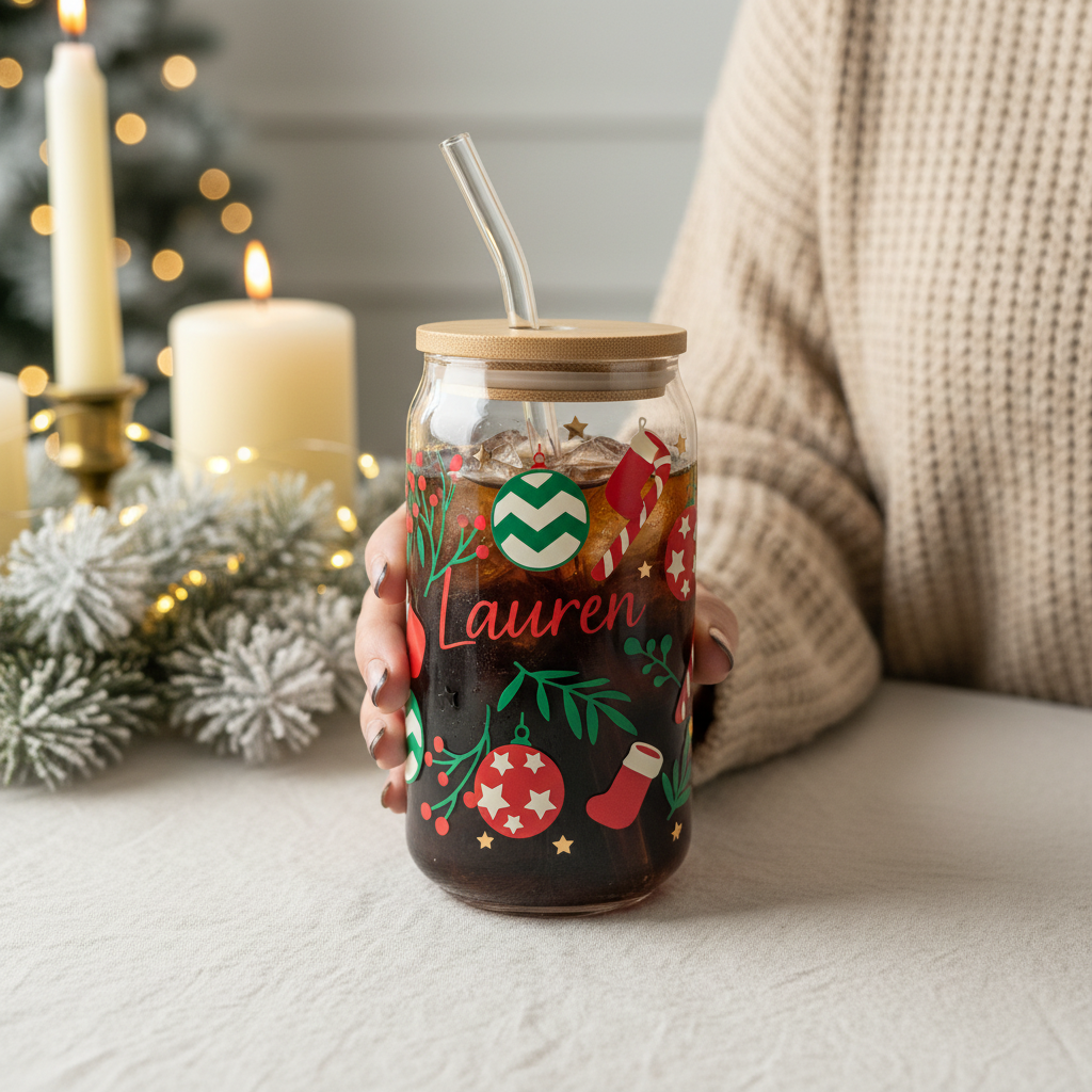 Person holding a personalised Lauren Christmas glass can filled with a dark iced drink