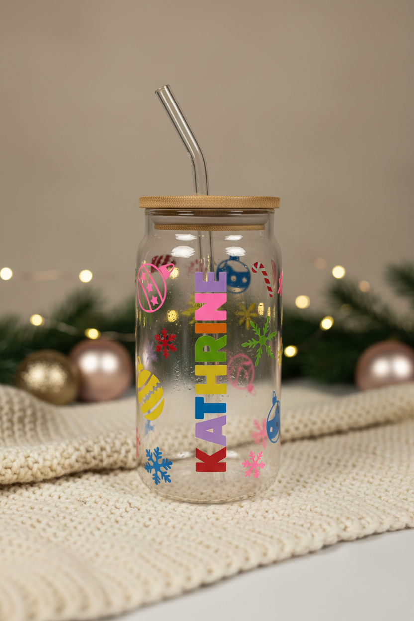 Front view of the personalised KATHRINE Christmas tumbler with colourful name lettering in a neutral festive setting
