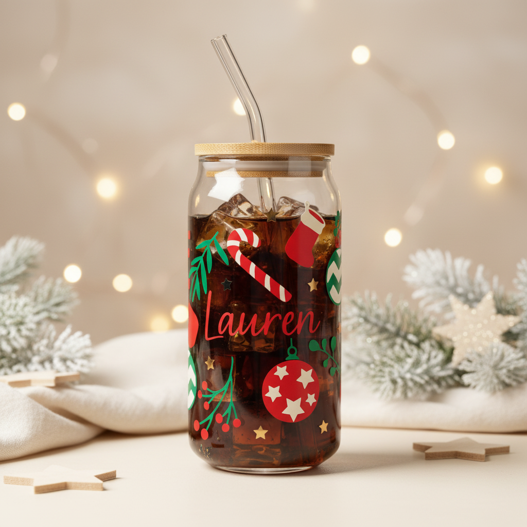 Personalised Lauren Christmas glass can filled with a dark iced drink in a neutral Christmas setting