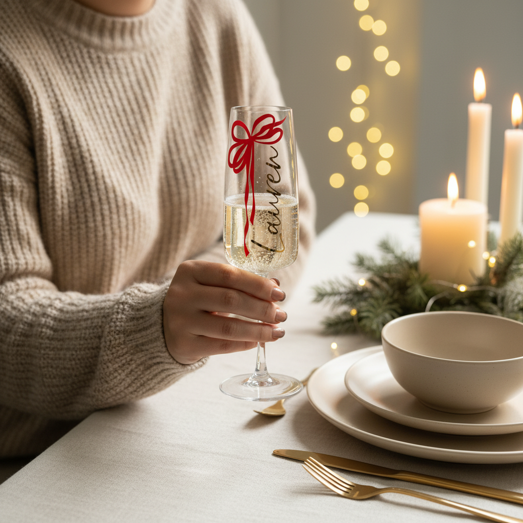 Person in a neutral knit holding a personalised Lauren champagne flute at a Christmas table