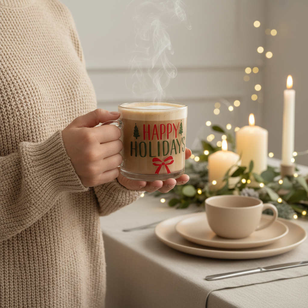 Person holding a Happy Holidays Christmas glass mug filled with mocha coffee at a neutral Christmas table