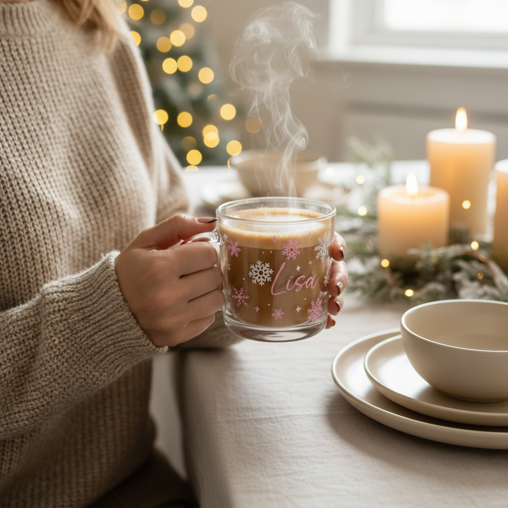 Person holding a personalised Lisa Christmas snowflake glass mug filled with hot coffee