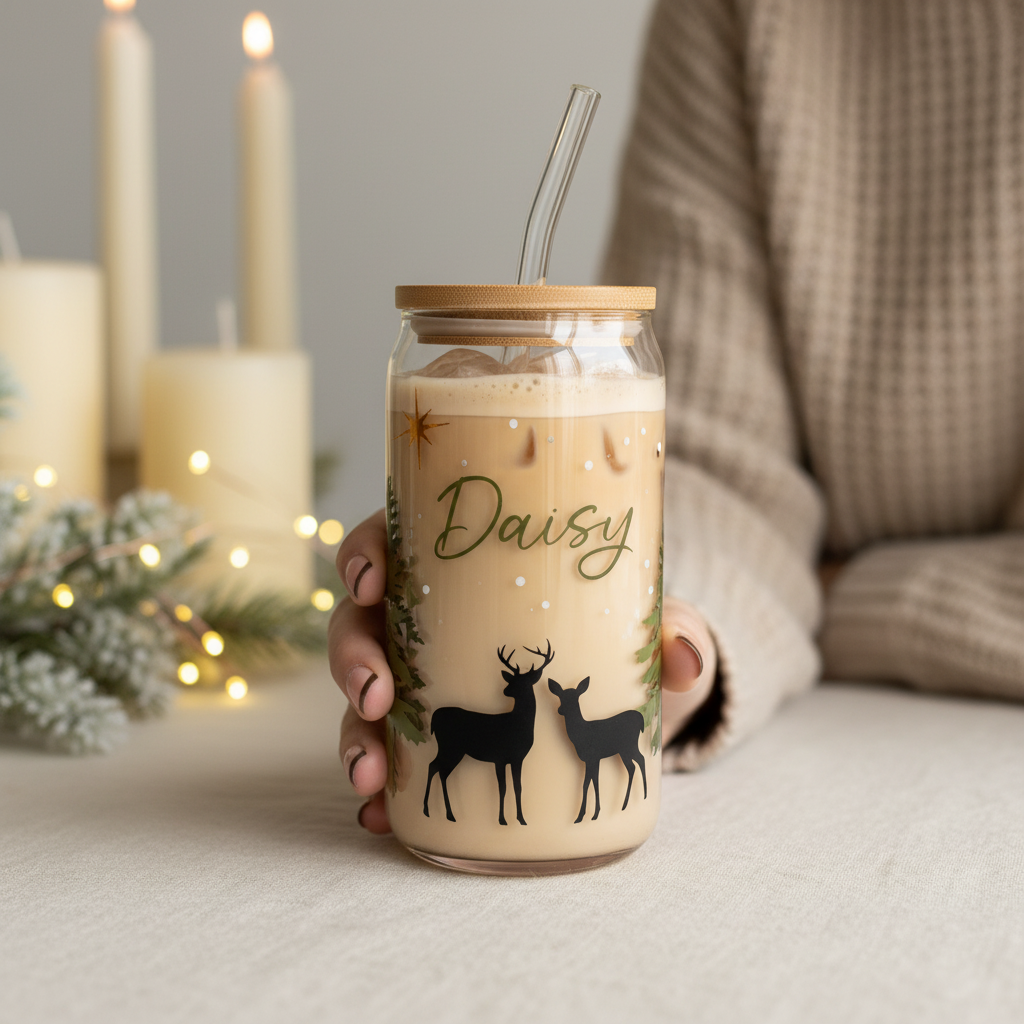 Person holding a personalised Daisy Christmas deer tumbler filled with cold coffee, with clear deer artwork and one gold star