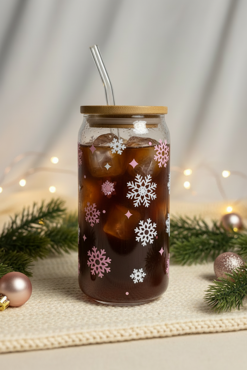 Back view of a pink and white snowflake Christmas tumbler with a dark drink inside