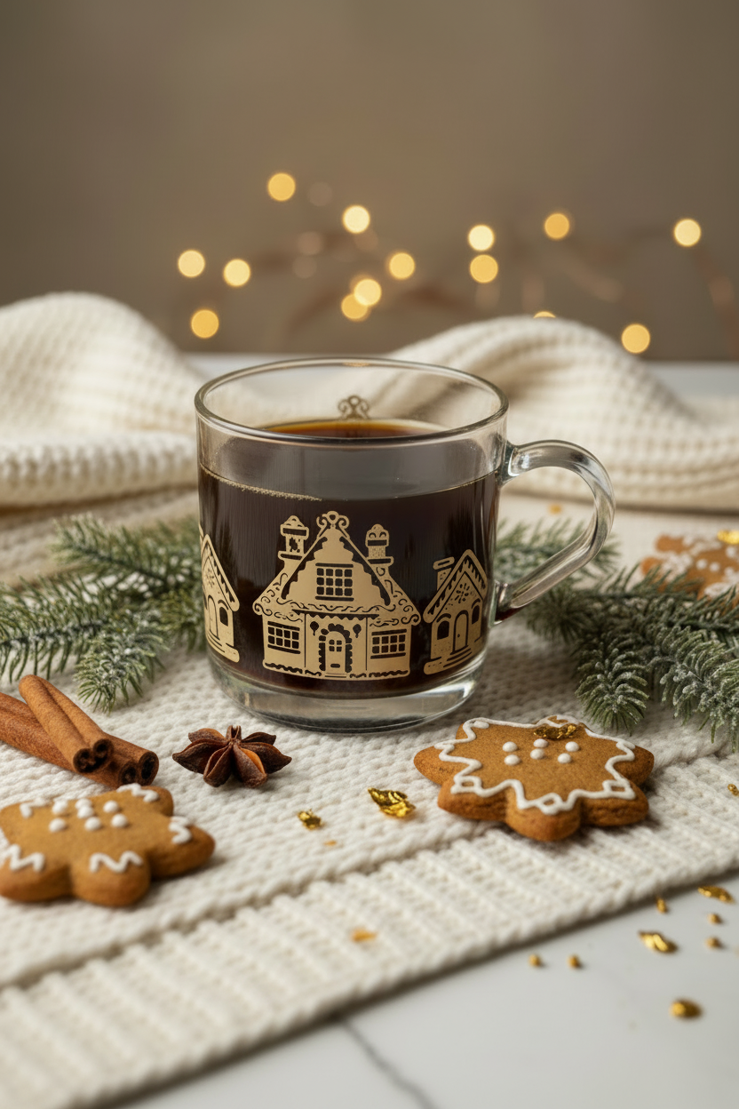 Shorter wider back view of the clear gingerbread Christmas glass mug with black coffee and gold house artwork