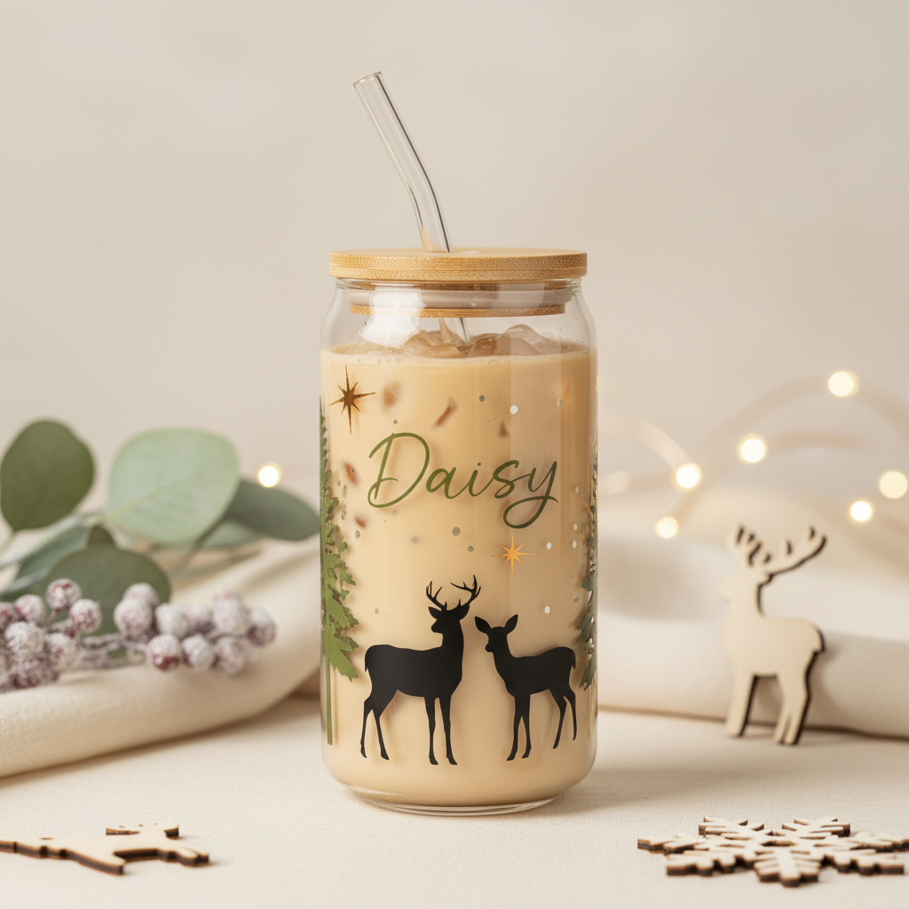 Personalised Daisy Christmas deer glass tumbler filled with cold coffee, with clear deer artwork and one gold star
