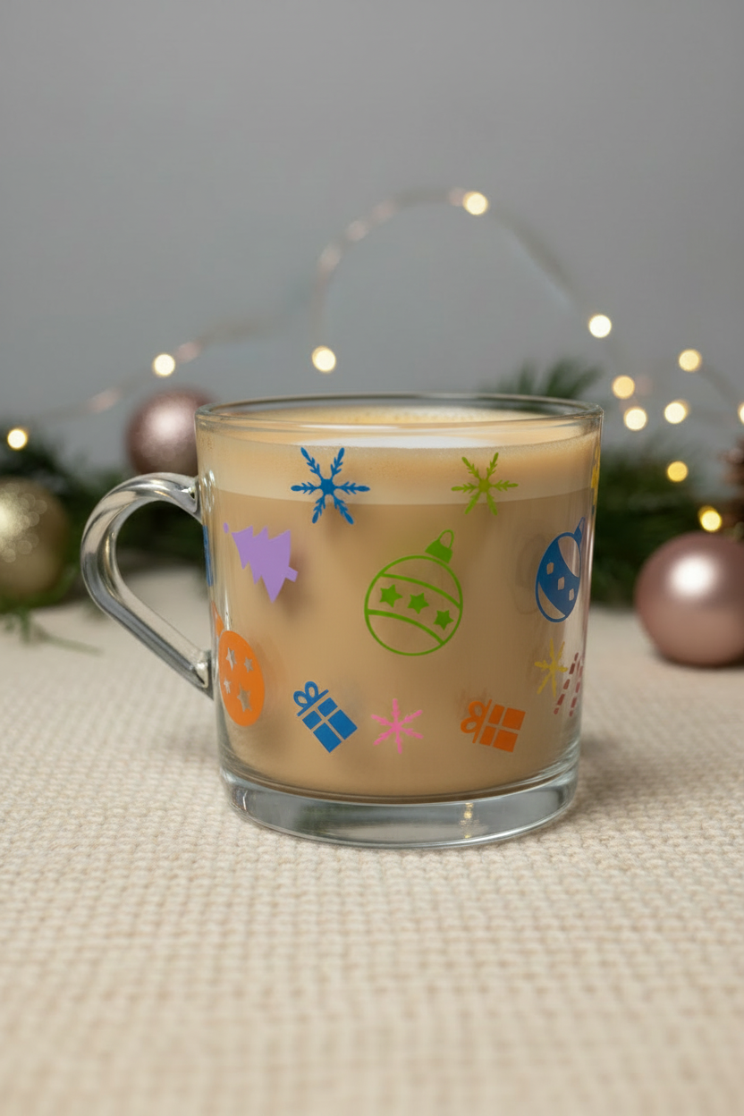 Wide back view of the clear Christmas glass mug with a light latte inside and festive icon artwork