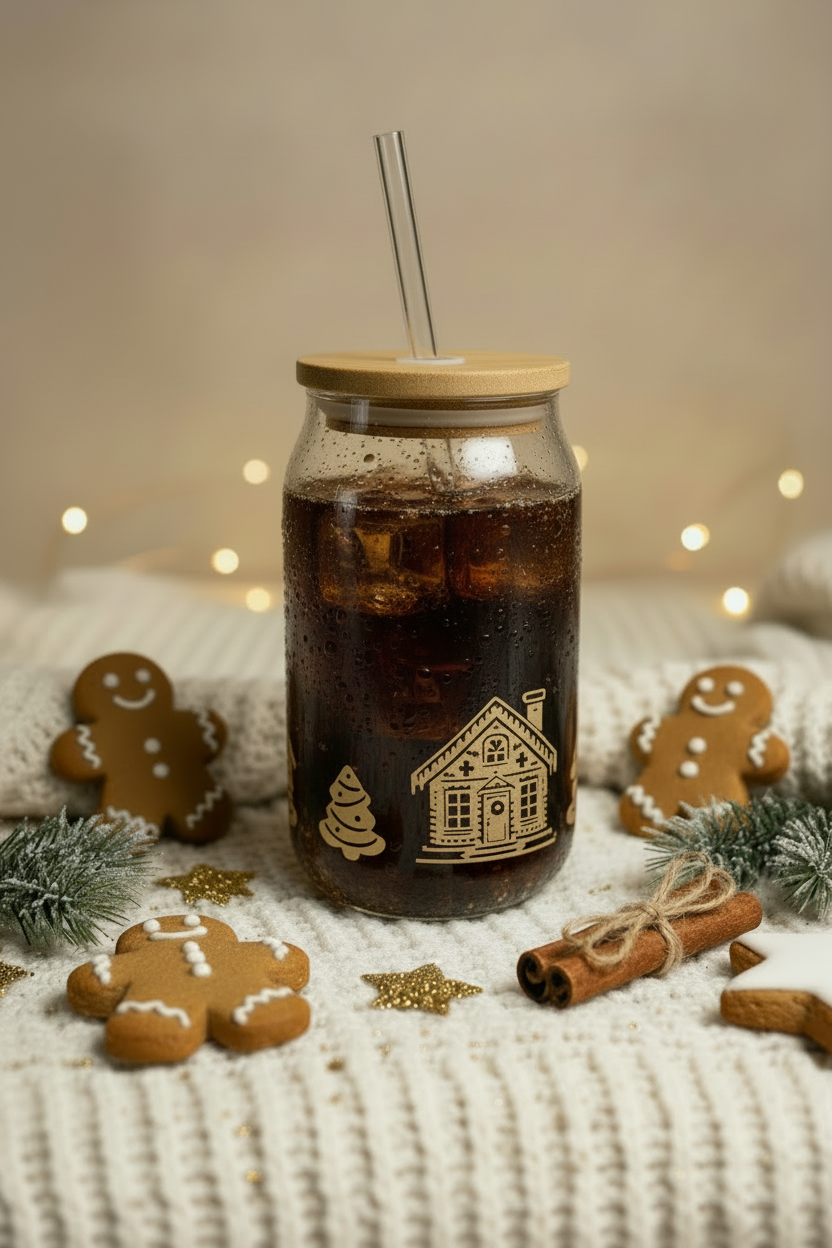 Back view of the gingerbread Christmas tumbler with smooth cold cola and gold house artwork visible
