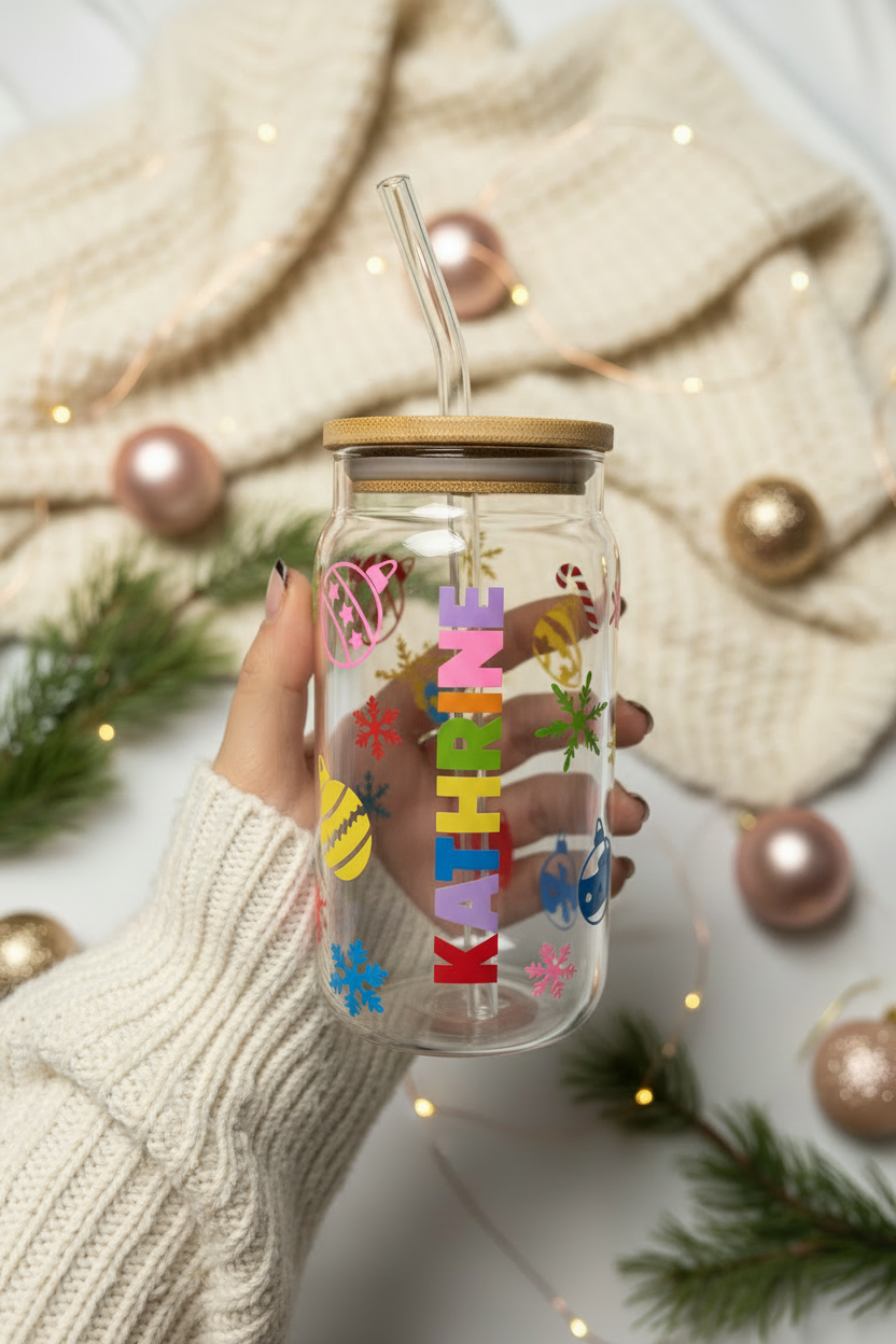 KATHRINE personalised Christmas tumbler in a cosy neutral Christmas lifestyle setting, with the tumbler naturally empty inside and no face shown