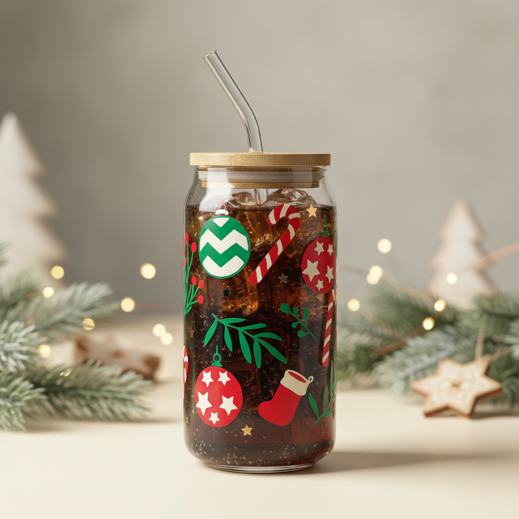 Rear view of a personalised Christmas glass can filled with a dark iced drink, showing baubles, candy cane, stocking and foliage artwork