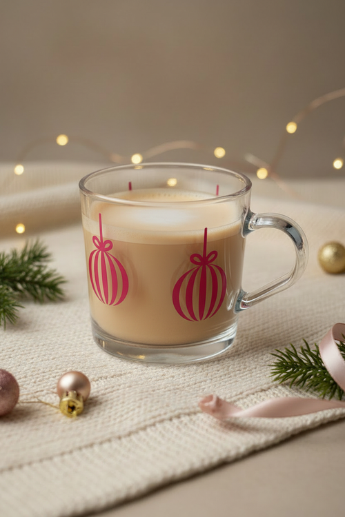 Back view of a clear Christmas bauble glass mug with a pale warm latte and deep pink and red ornament artwork